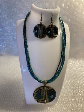 NWOT - Brass & Teal Pendant Multi-Strand Beaded Necklace & Dangle Earring Set